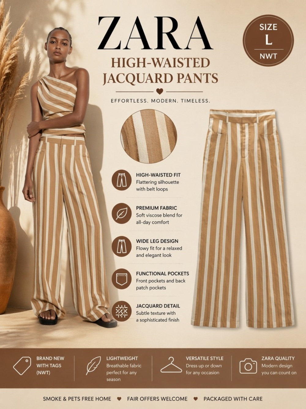ZARA Toffee Striped High Waisted Wide Leg Pants NWT Size L Jacquard Viscose Blen